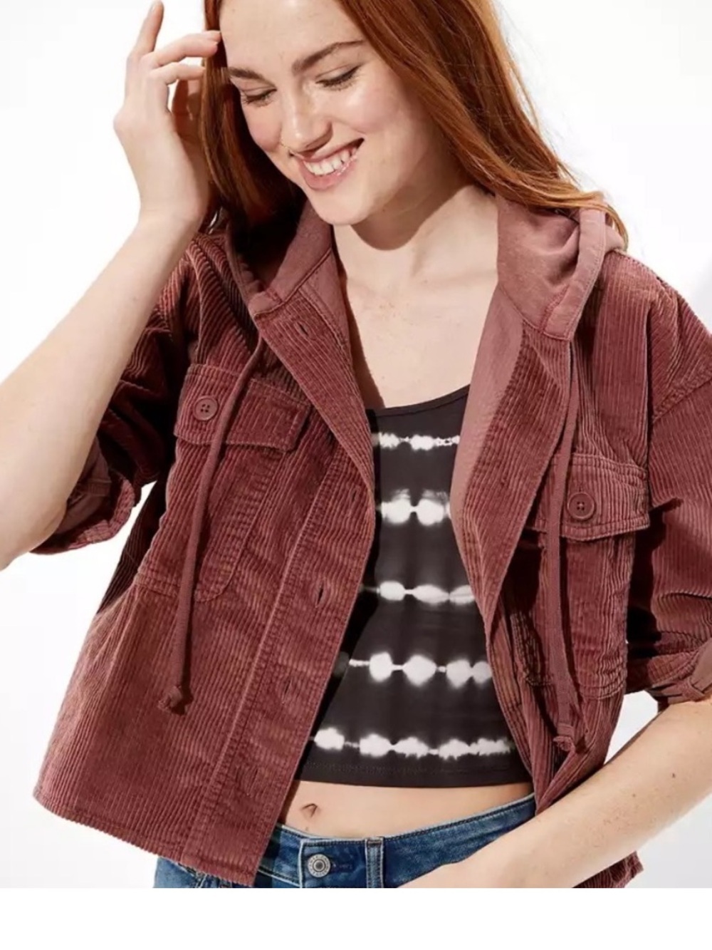 American Eagle Outfitters Cropped Corduroy Hooded Shacket  LARGE NWT
